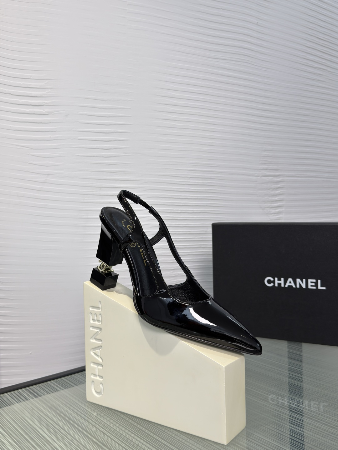 CHANEL Black Patent CC Cube Heel Slingback Pumps