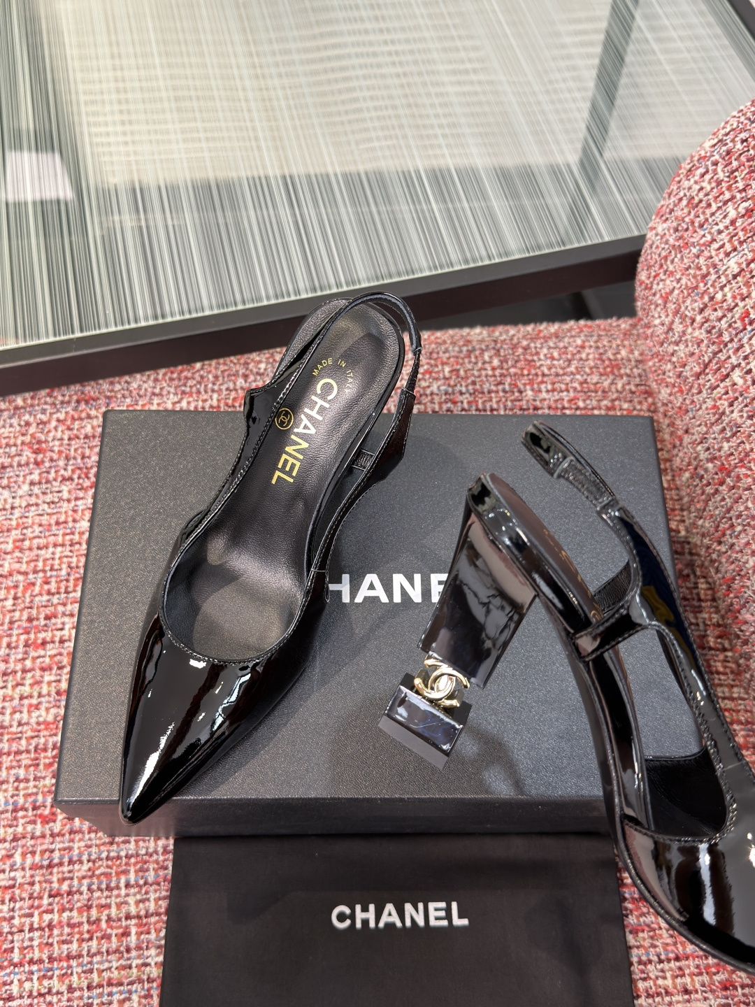 CHANEL Black Patent CC Cube Heel Slingback Pumps