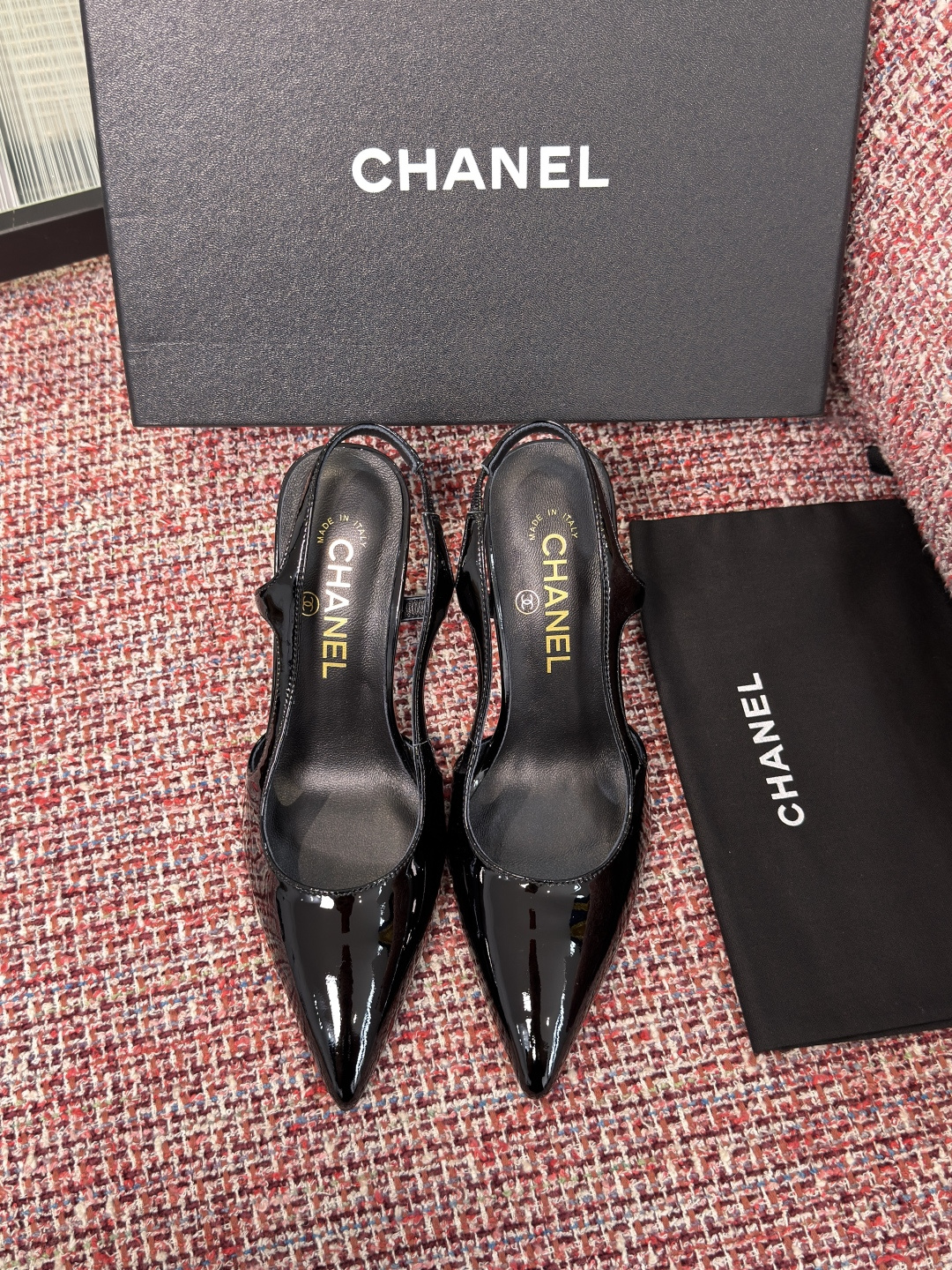 CHANEL Black Patent CC Cube Heel Slingback Pumps