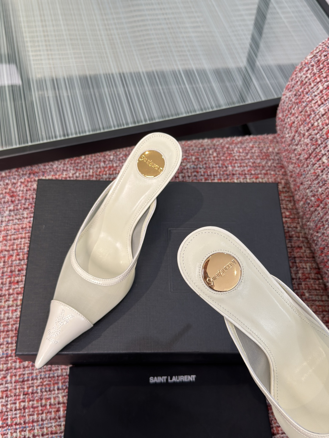 YSL White Mesh Pointed Mules