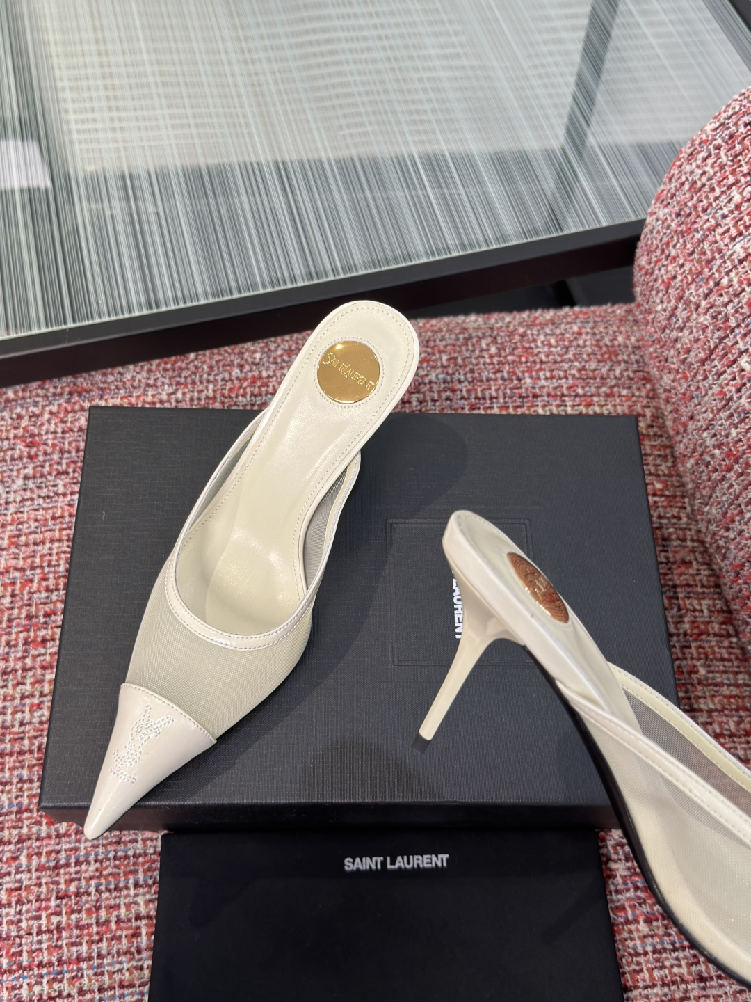 YSL White Mesh Pointed Mules