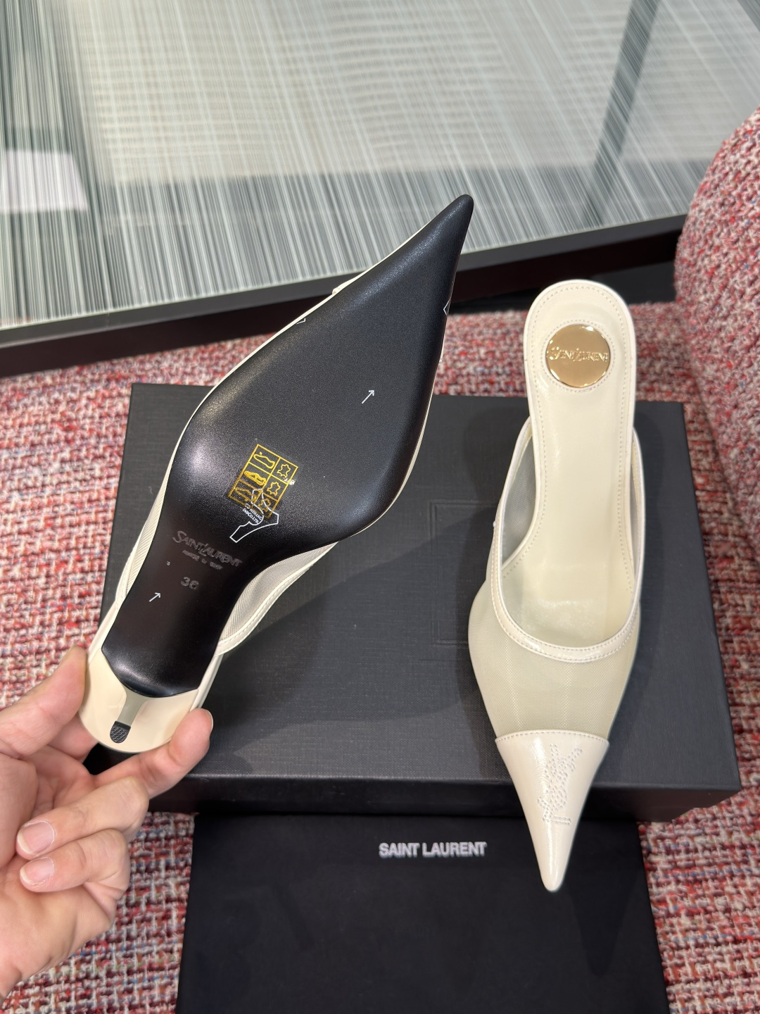 YSL White Mesh Pointed Mules