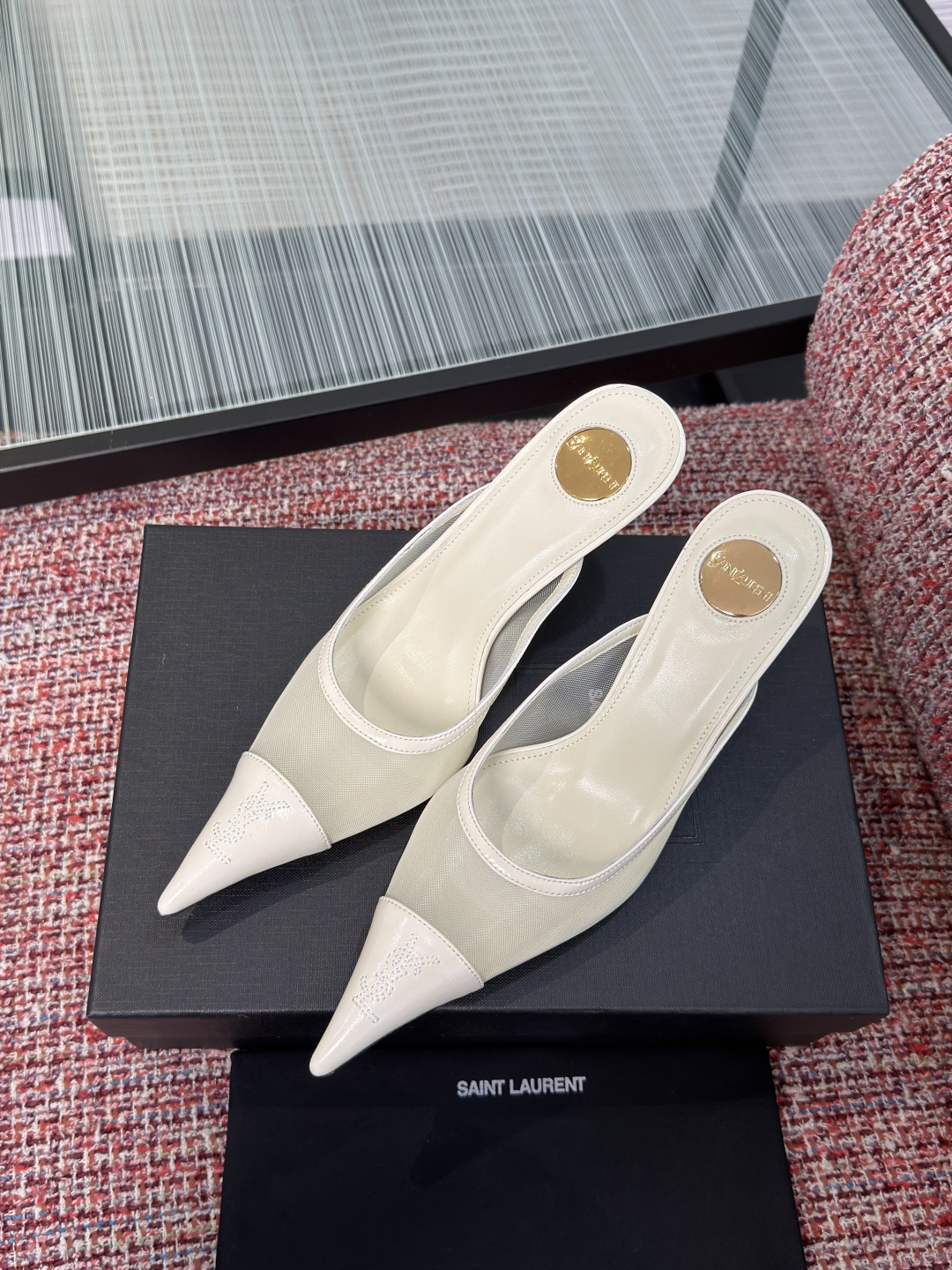 YSL White Mesh Pointed Mules