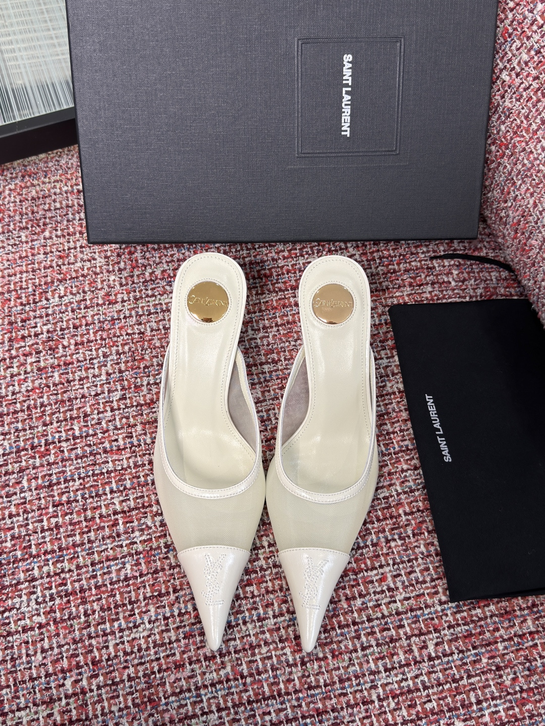 YSL White Mesh Pointed Mules