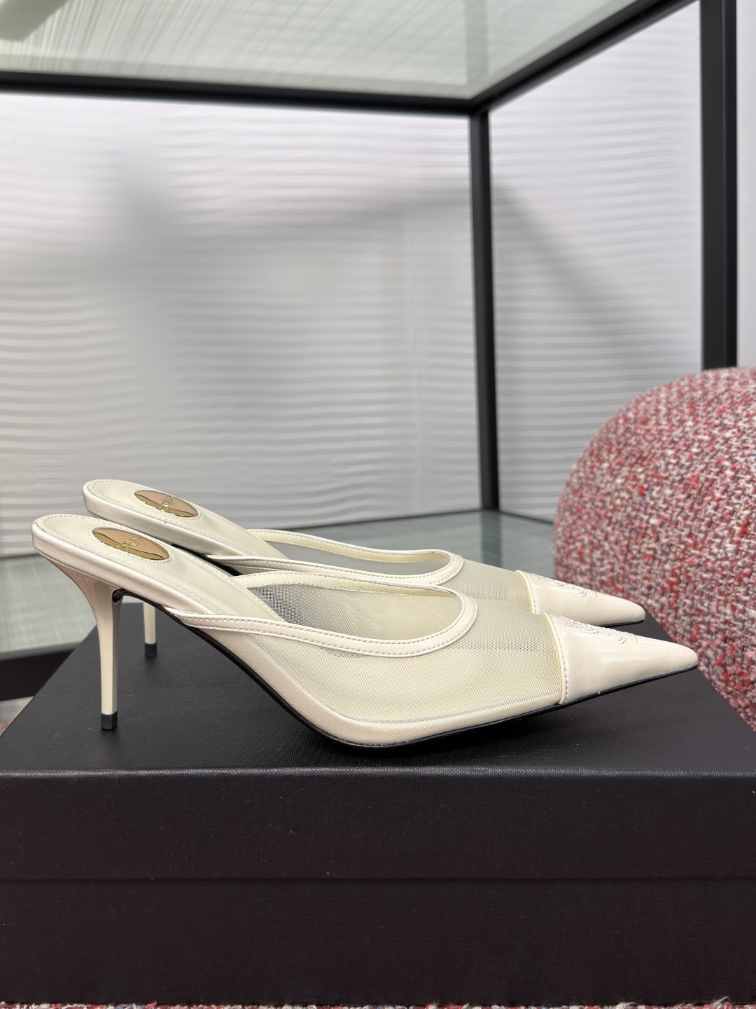 YSL White Mesh Pointed Mules