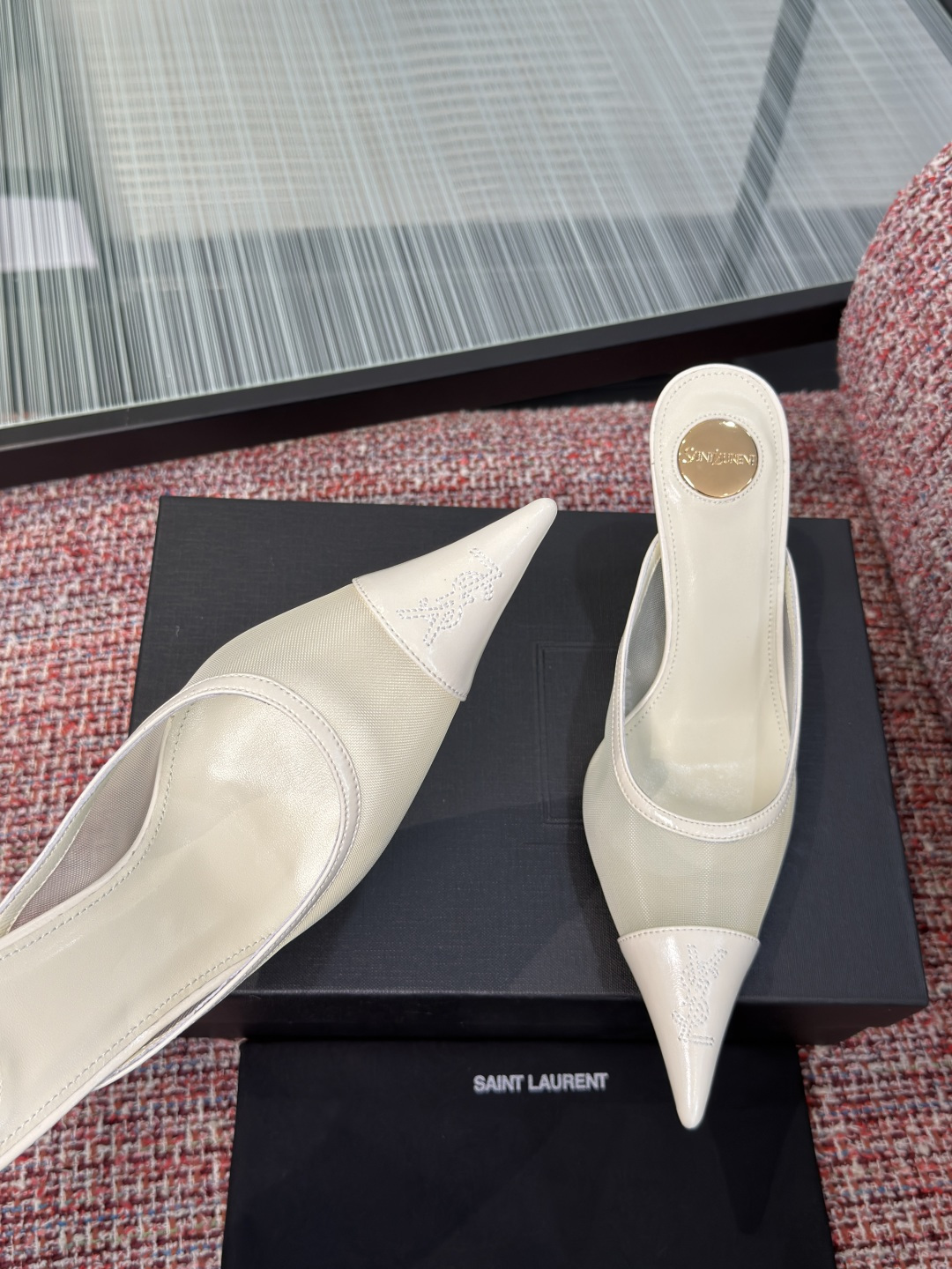 YSL White Mesh Pointed Mules