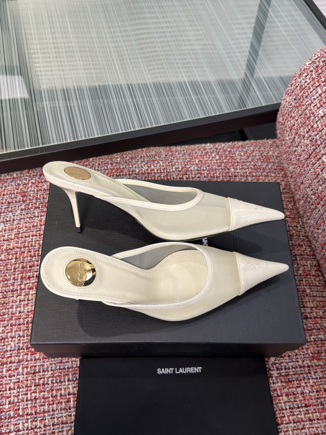 YSL White Mesh Pointed Mules