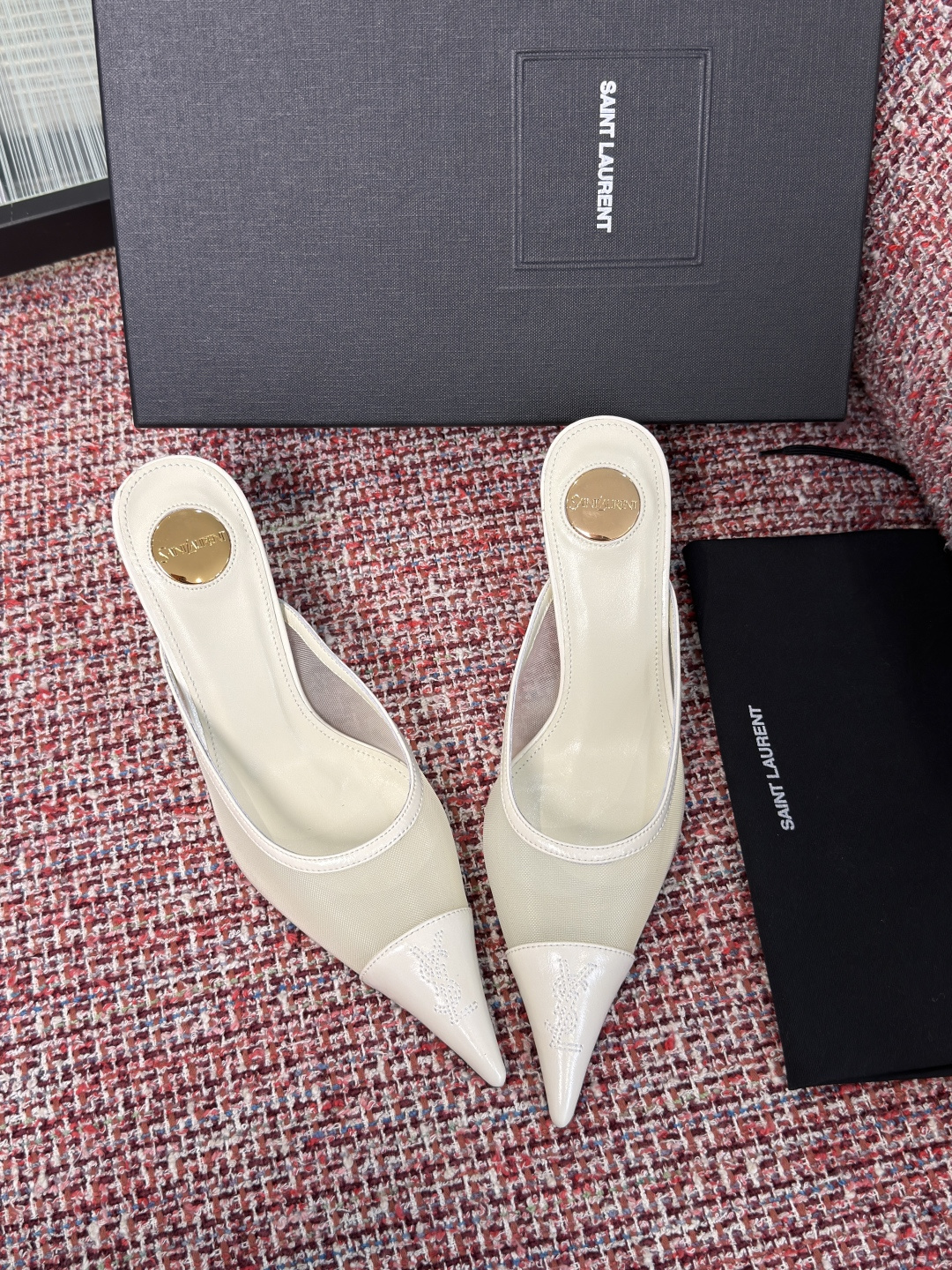 YSL White Mesh Pointed Mules