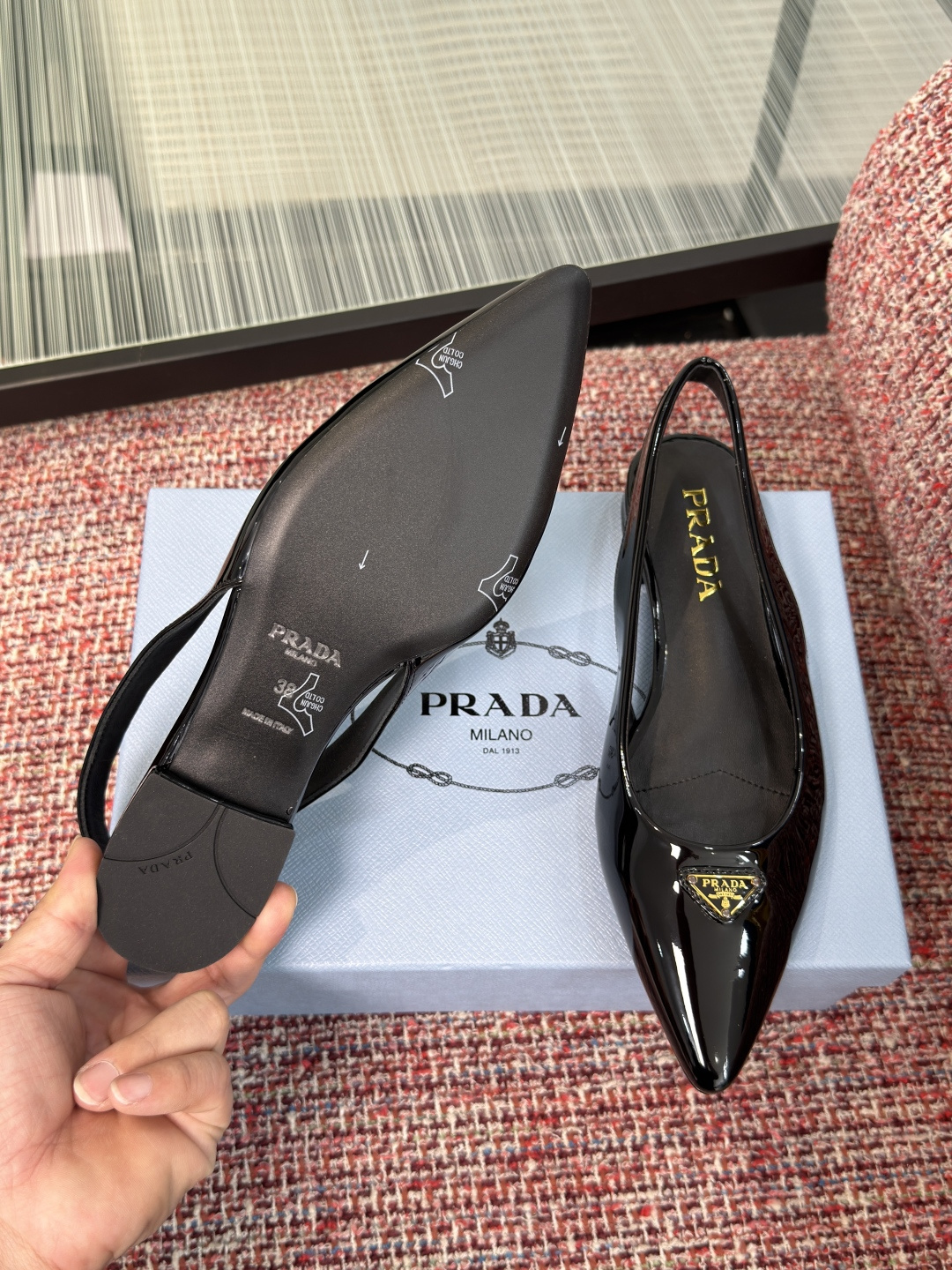 Prada Patent Leather Pointed-Toe Slingback Flats