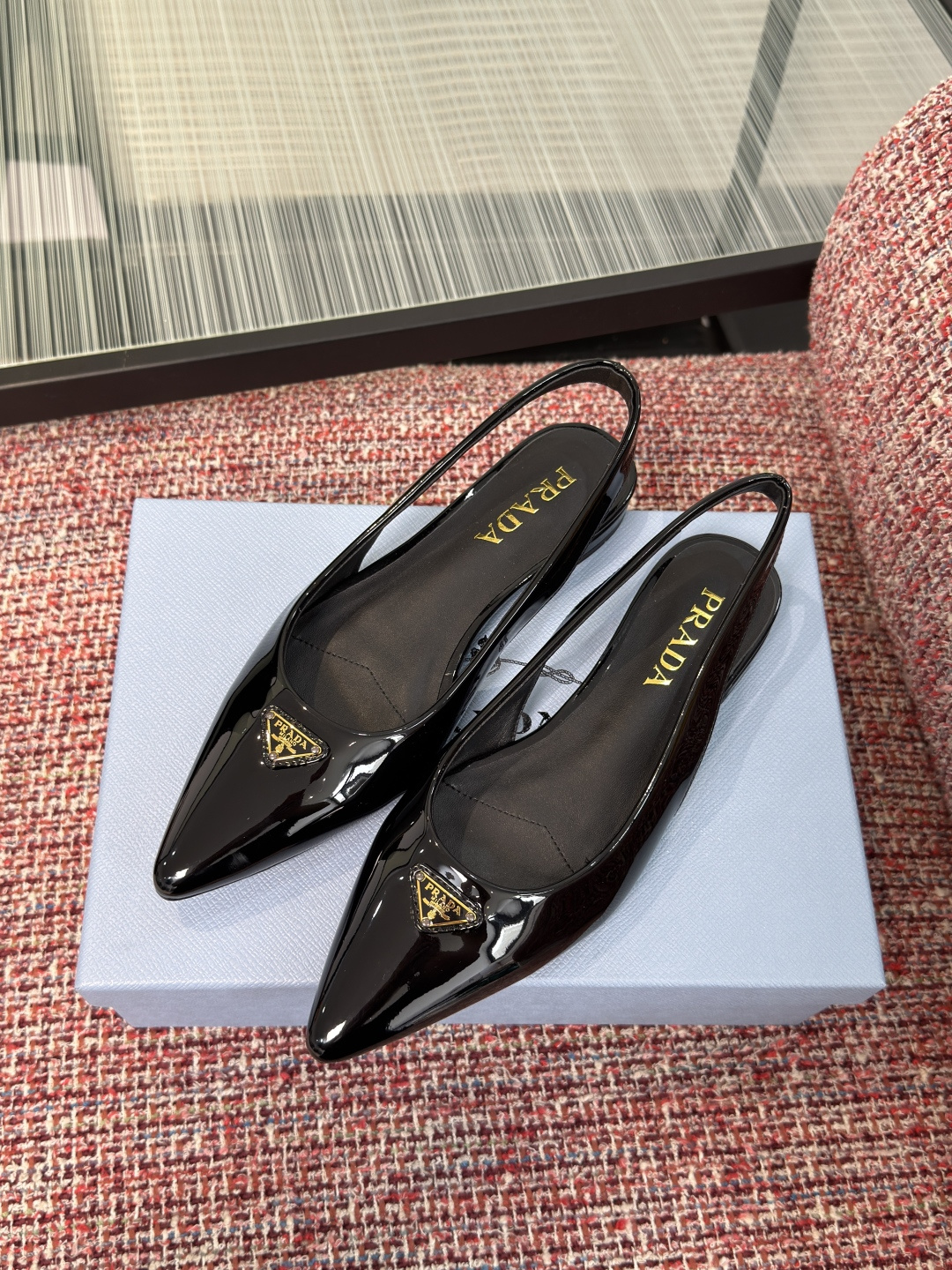 Prada Patent Leather Pointed-Toe Slingback Flats