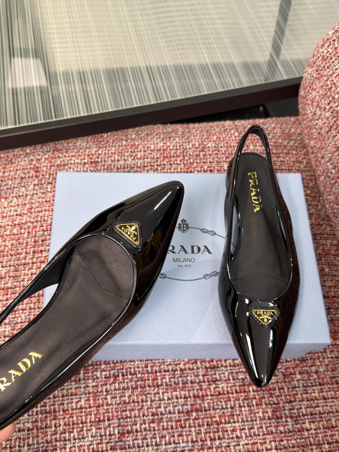 Prada Patent Leather Pointed-Toe Slingback Flats