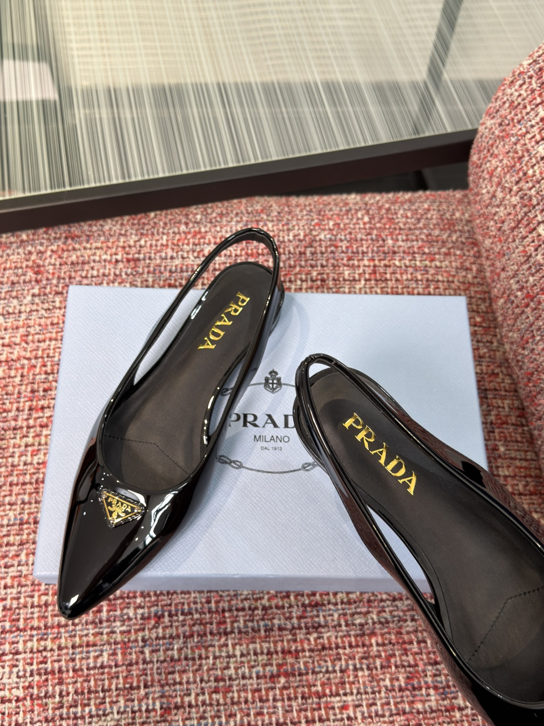 Prada Patent Leather Pointed-Toe Slingback Flats
