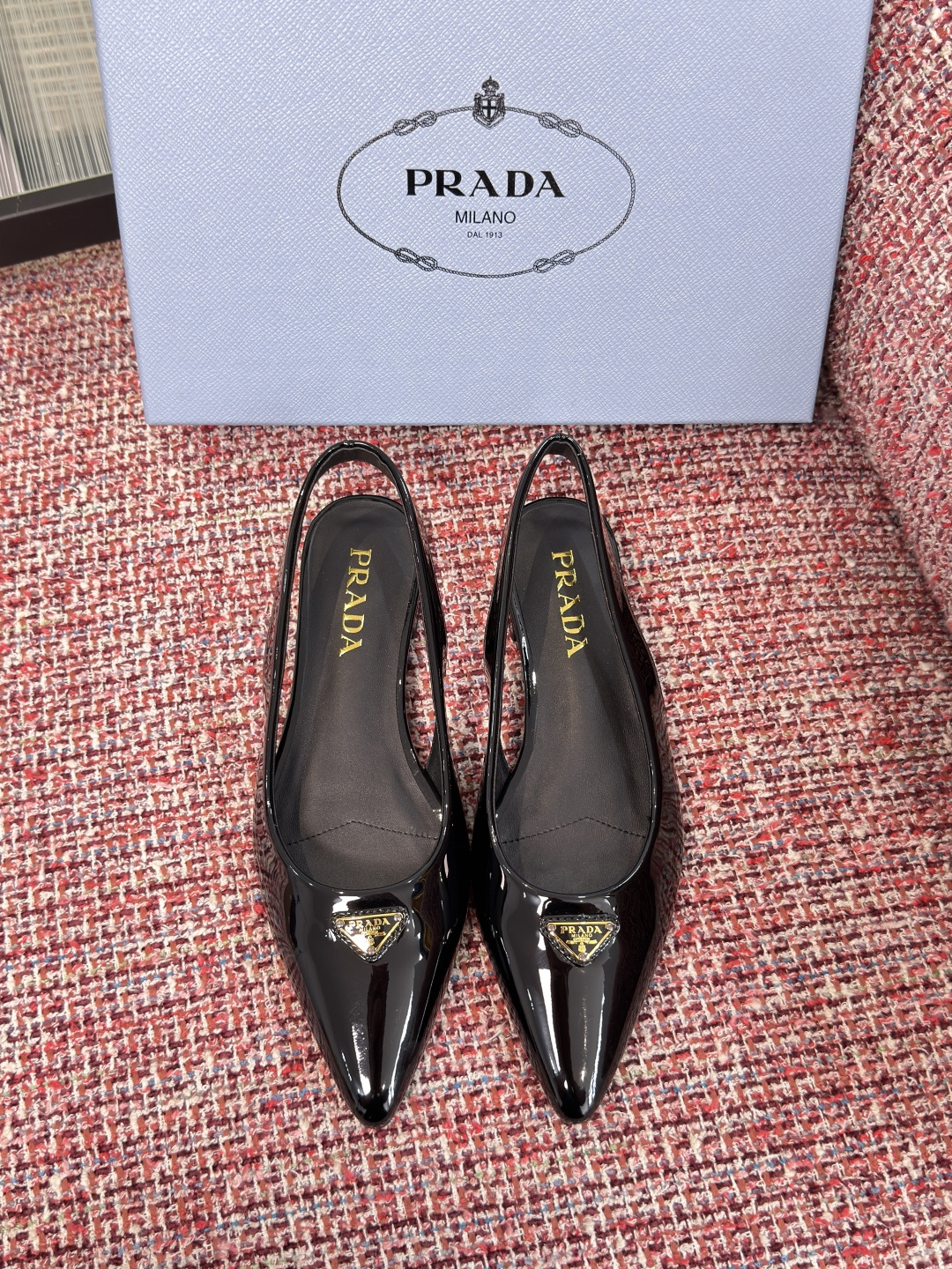Prada Patent Leather Pointed-Toe Slingback Flats