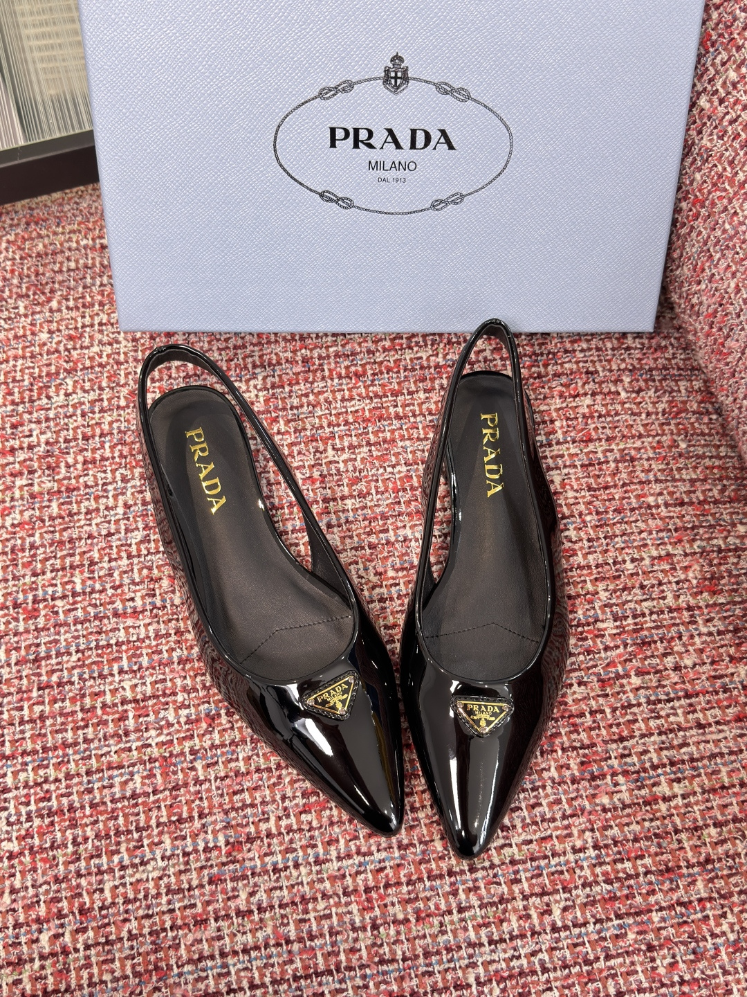 Prada Patent Leather Pointed-Toe Slingback Flats