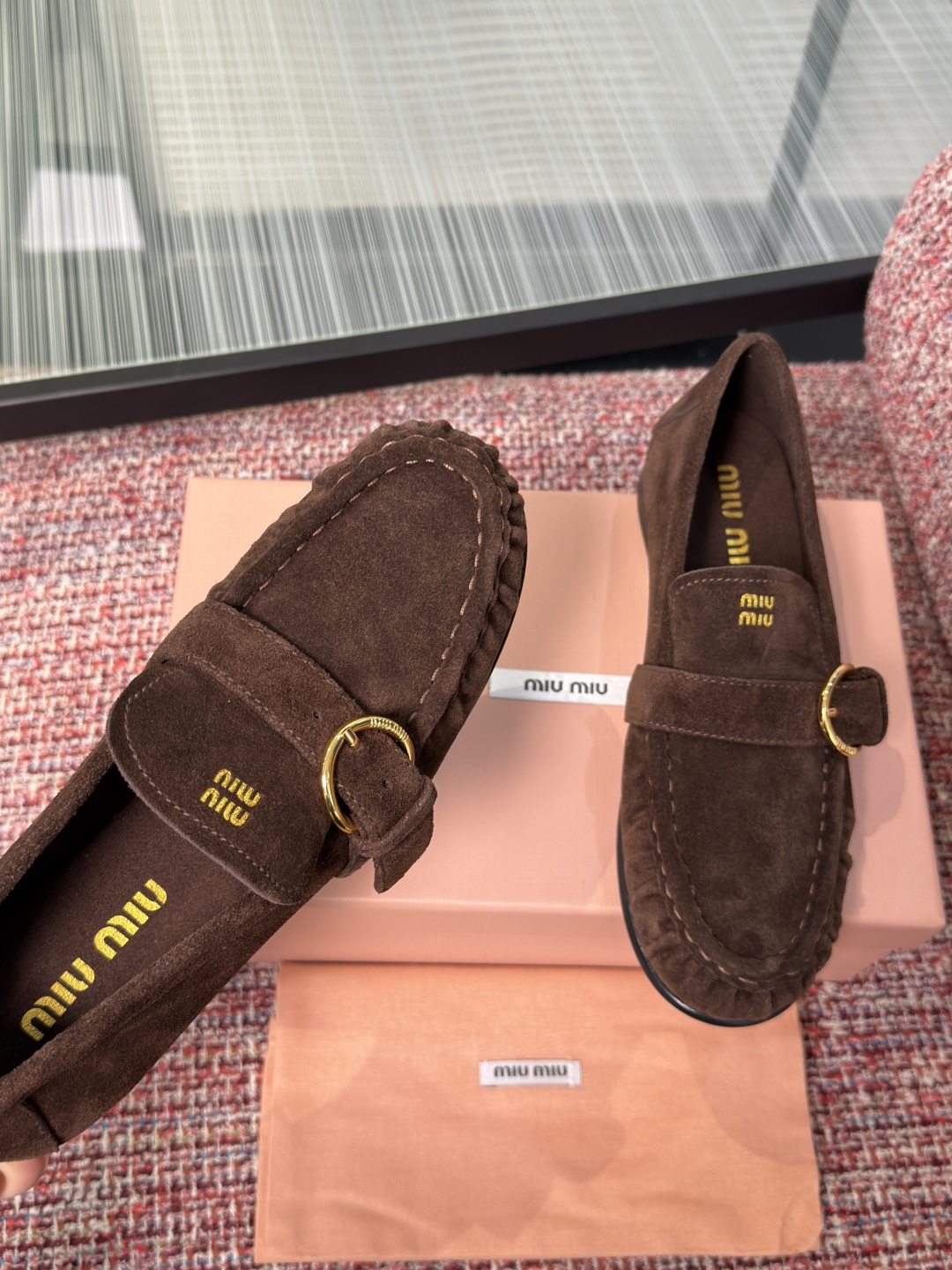 MIU MIU Dark Brown Suede Buckle Loafers