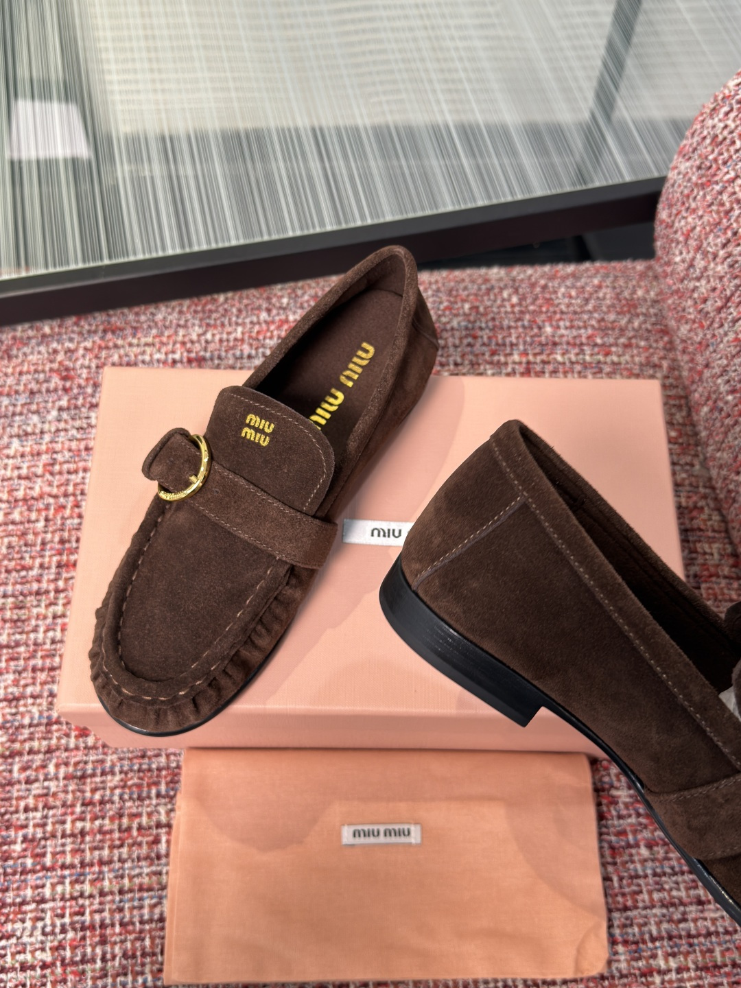 MIU MIU Dark Brown Suede Buckle Loafers