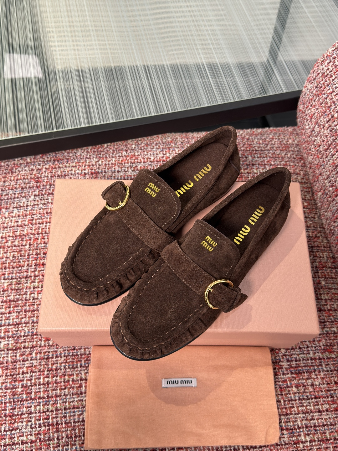 MIU MIU Dark Brown Suede Buckle Loafers