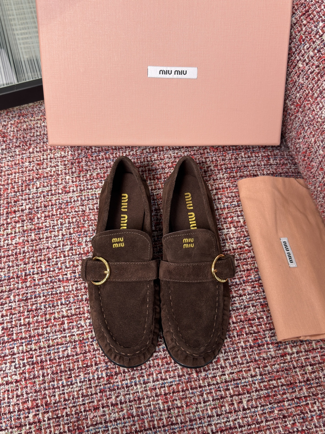 MIU MIU Dark Brown Suede Buckle Loafers