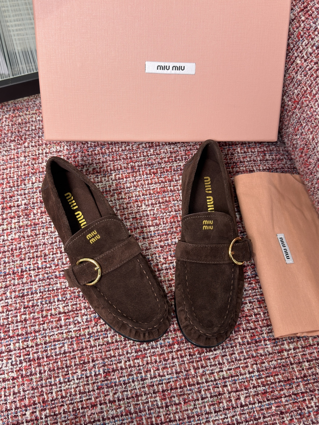 MIU MIU Dark Brown Suede Buckle Loafers