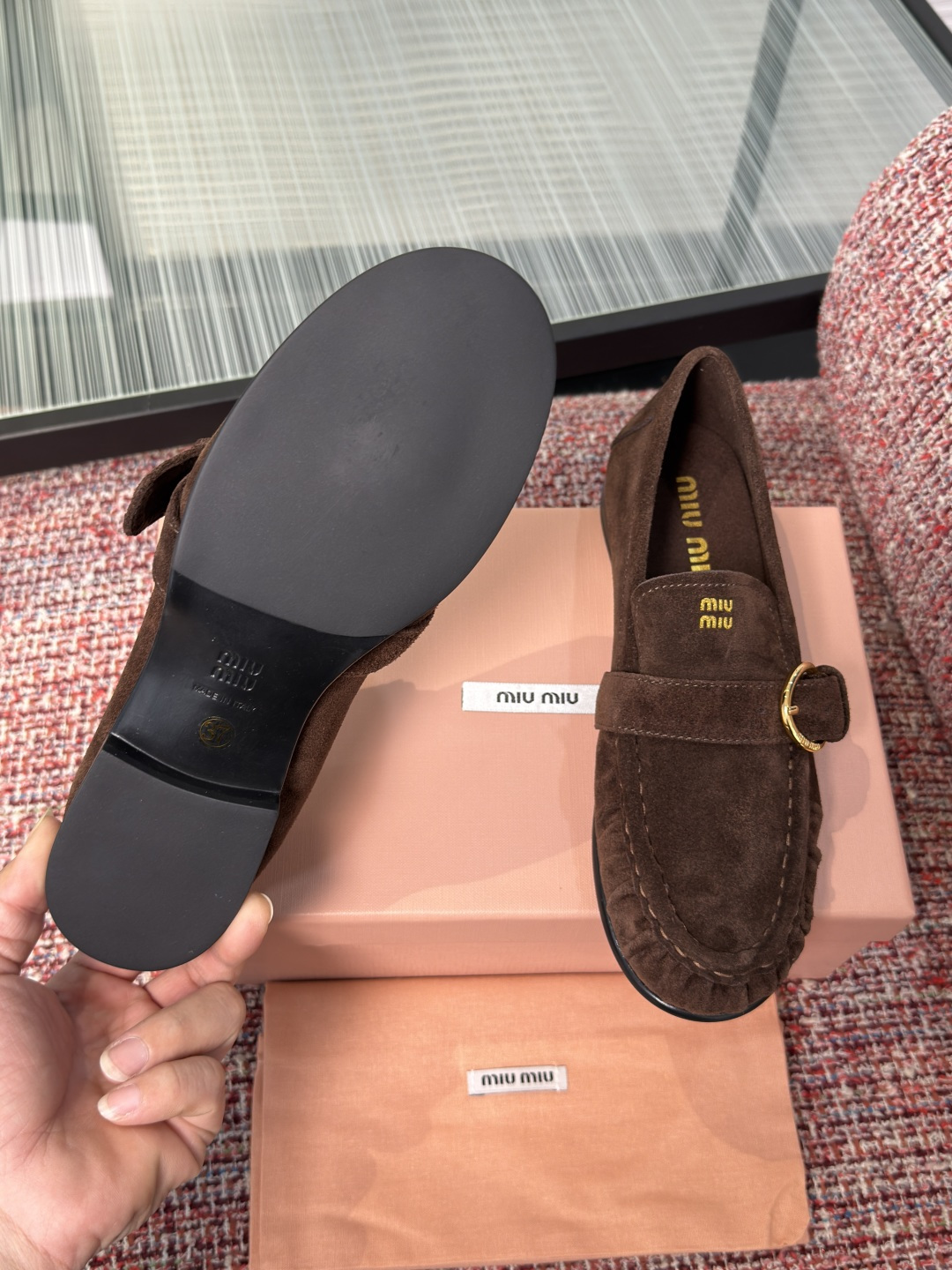 MIU MIU Dark Brown Suede Buckle Loafers