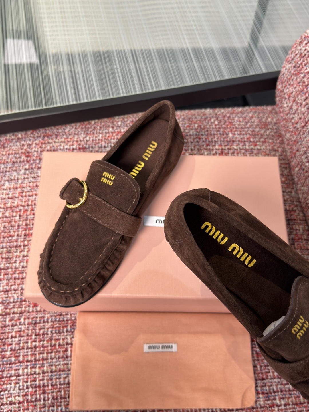 MIU MIU Dark Brown Suede Buckle Loafers