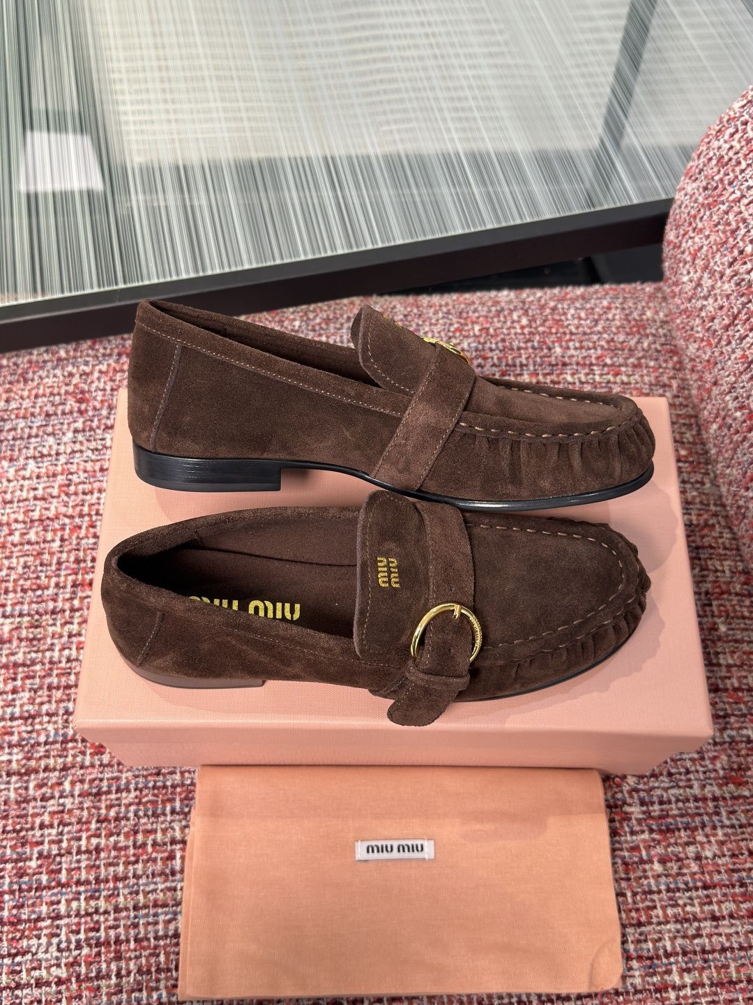 MIU MIU Dark Brown Suede Buckle Loafers