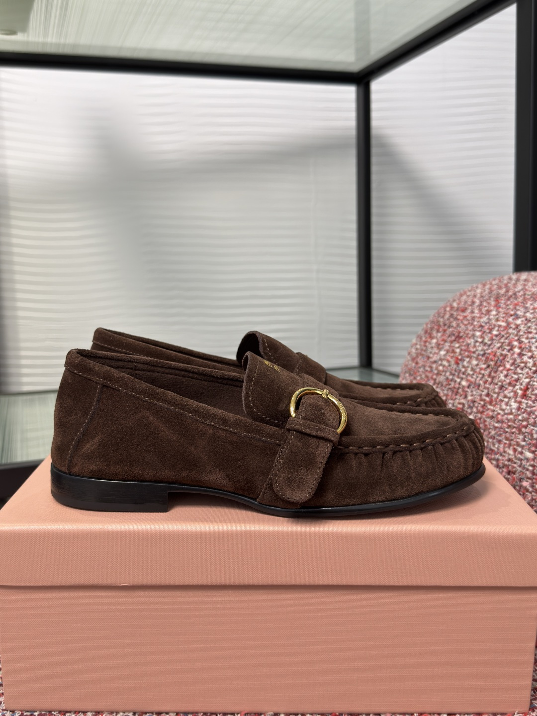 MIU MIU Dark Brown Suede Buckle Loafers