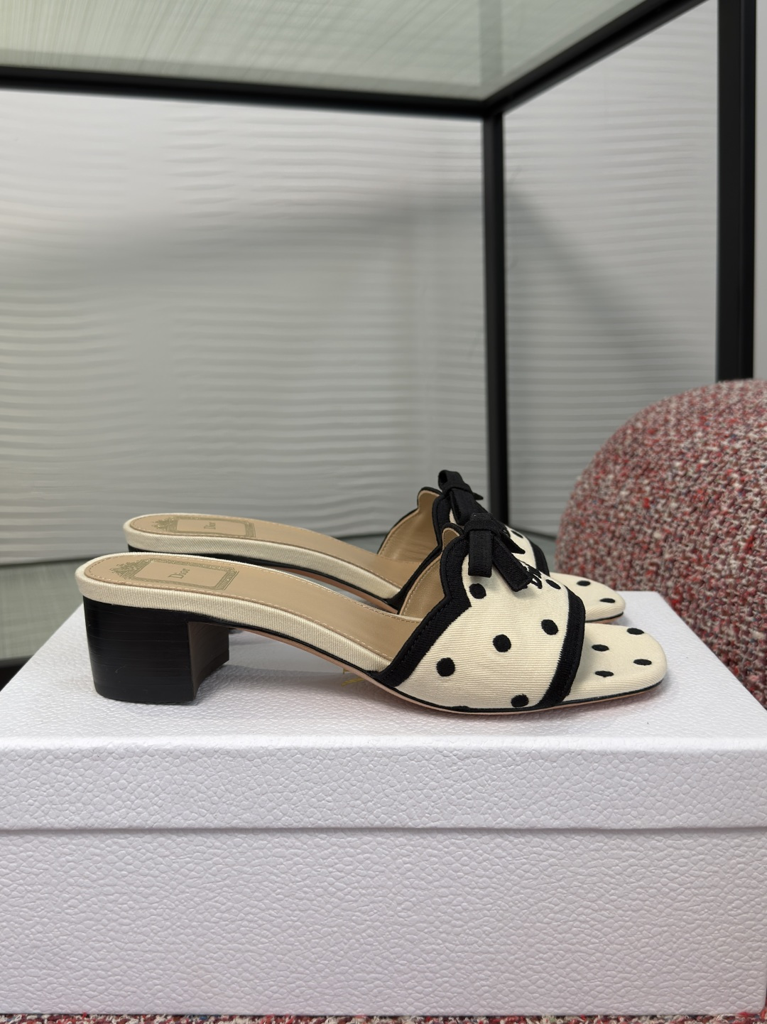 Dior Cream Black Polka Dot Bow Heel Mules
