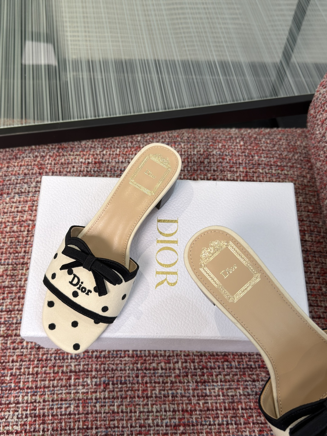 Dior Cream Black Polka Dot Bow Heel Mules