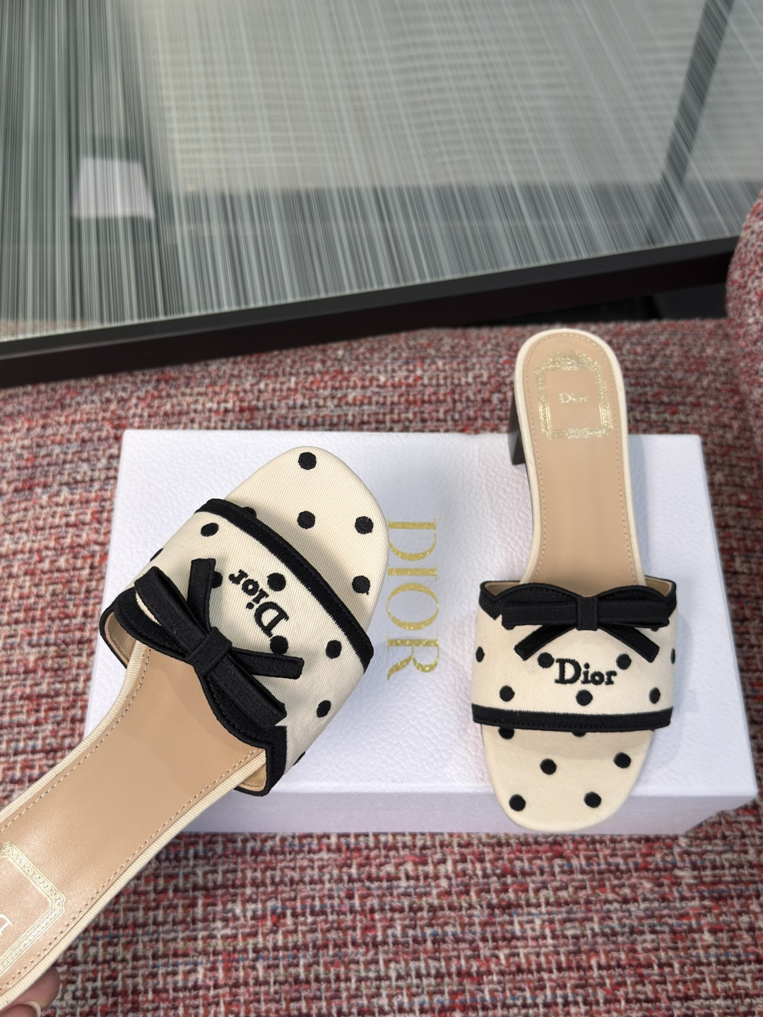 Dior Cream Black Polka Dot Bow Heel Mules