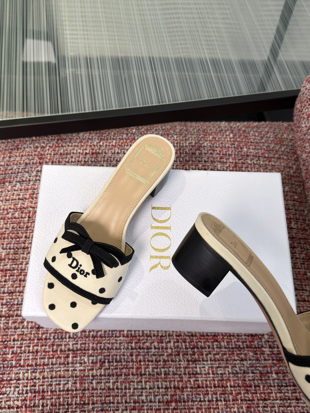 Dior Cream Black Polka Dot Bow Heel Mules
