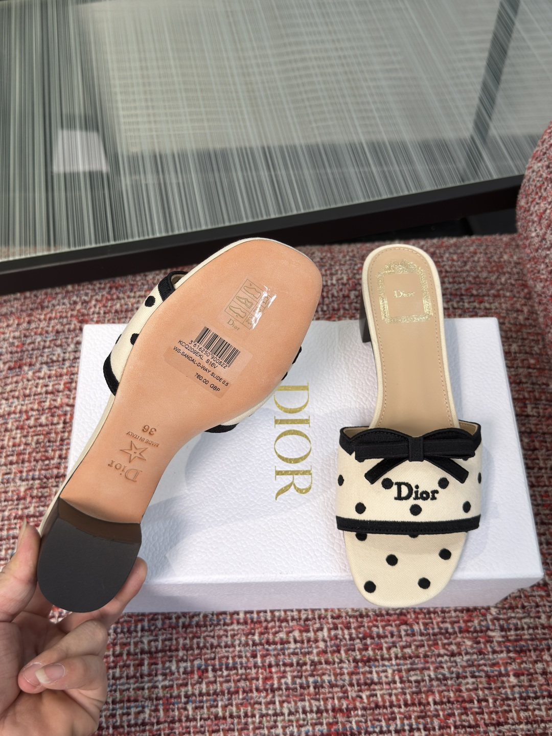 Dior Cream Black Polka Dot Bow Heel Mules