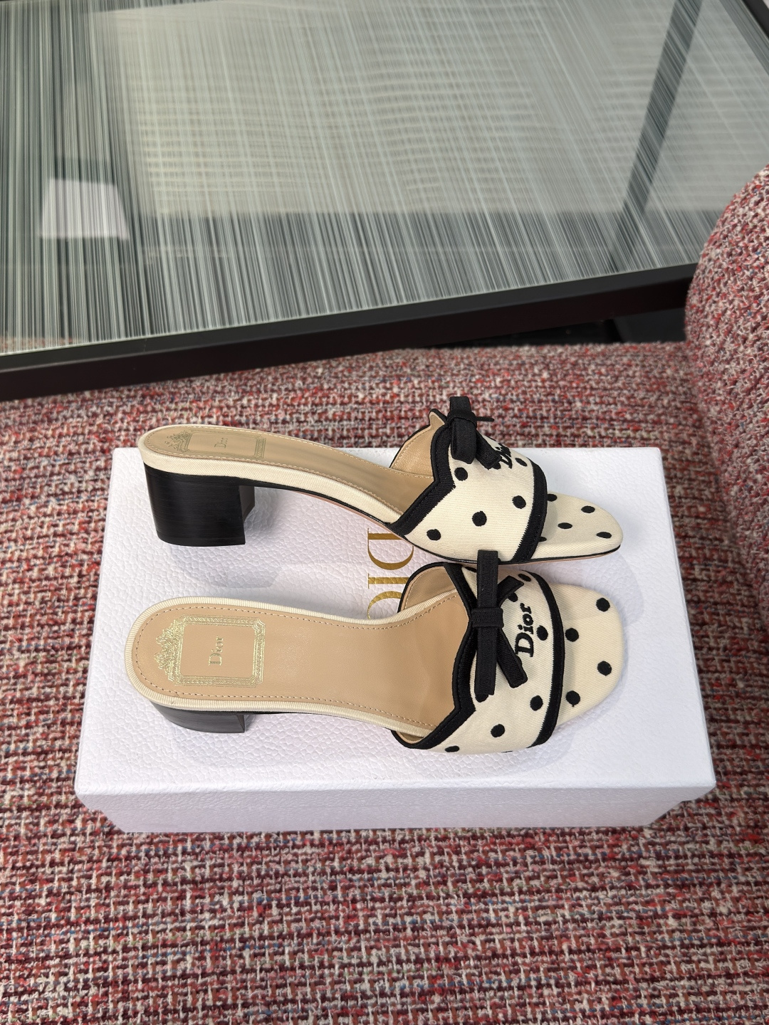 Dior Cream Black Polka Dot Bow Heel Mules