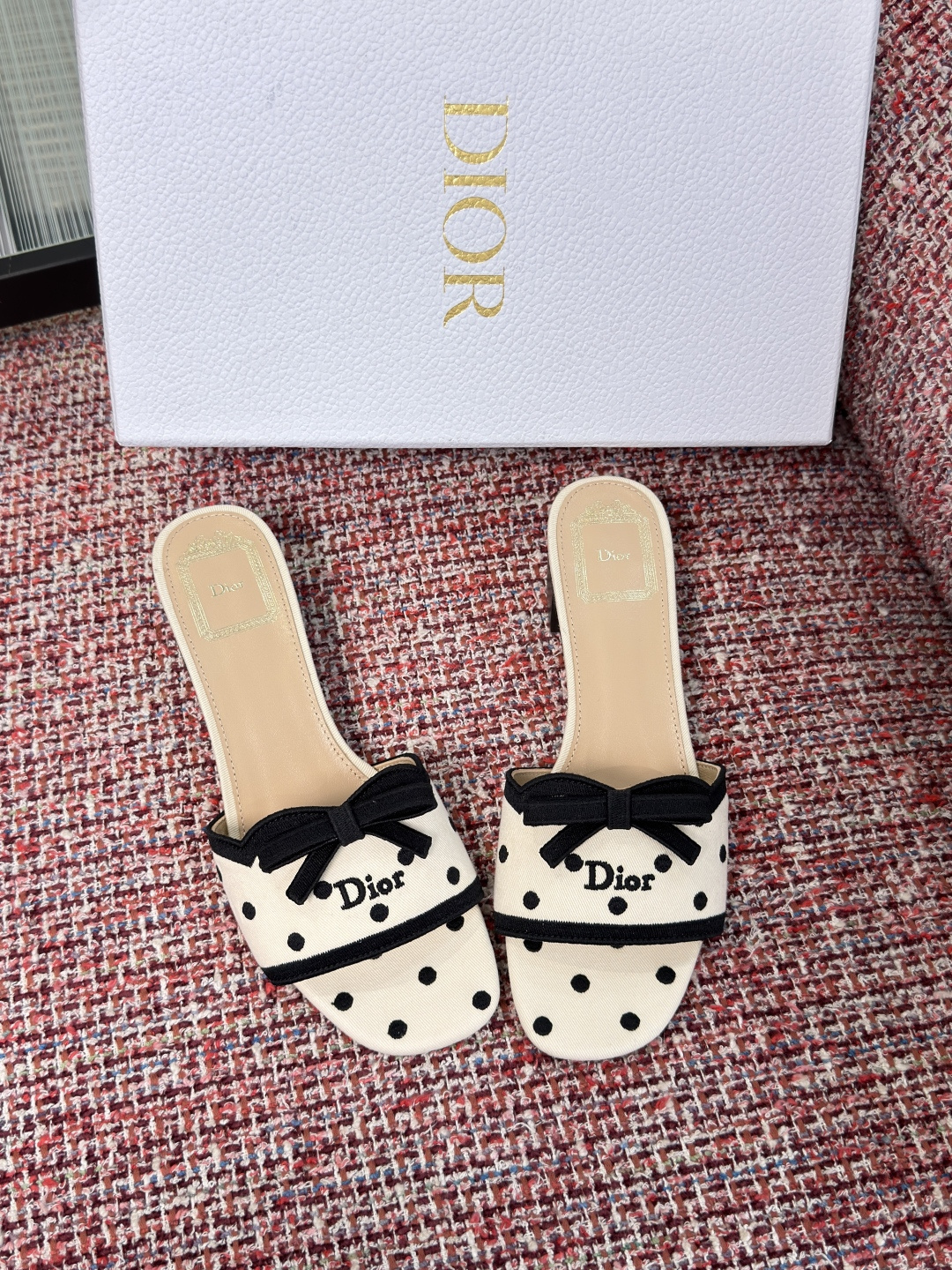 Dior Cream Black Polka Dot Bow Heel Mules