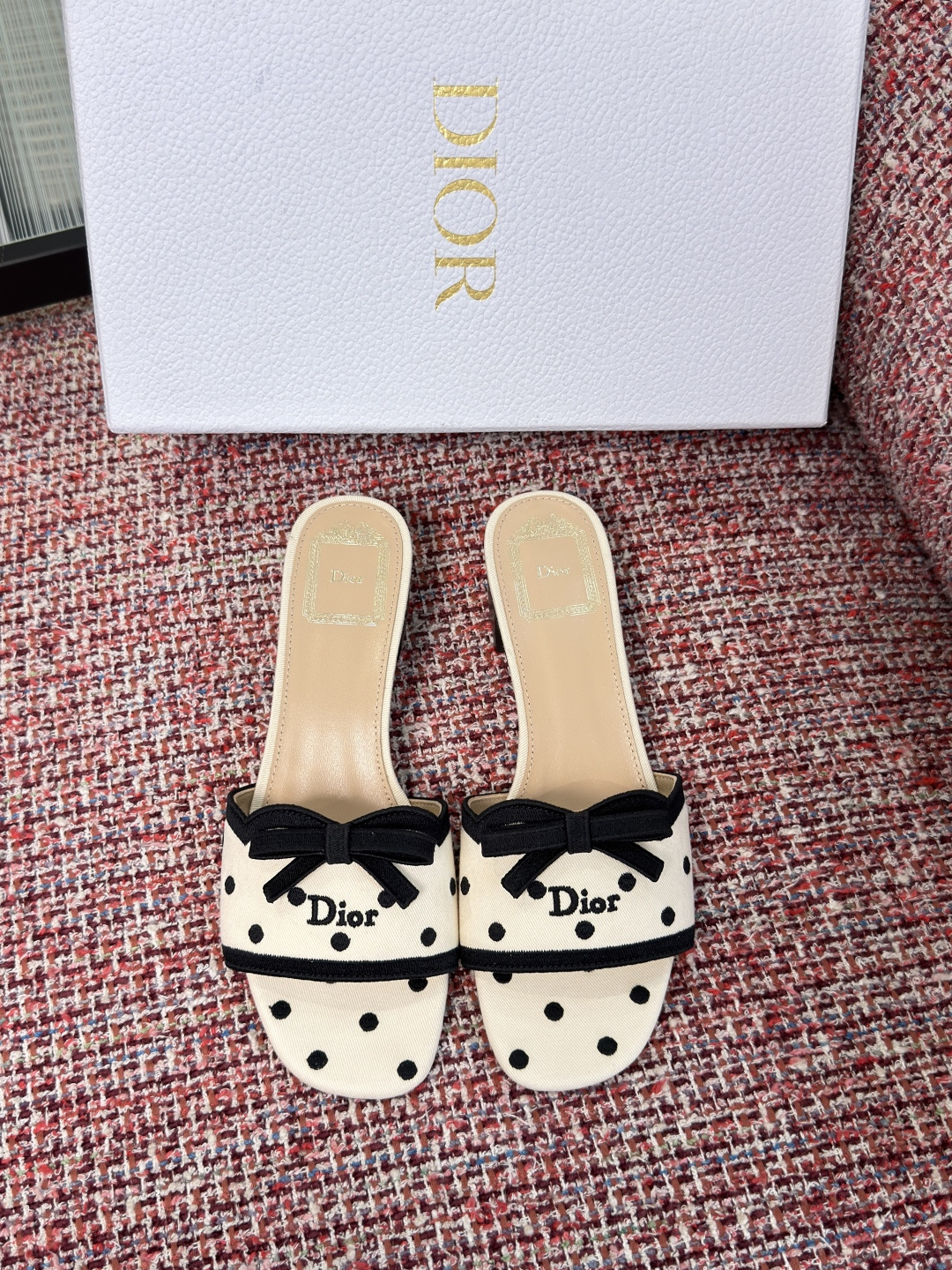 Dior Cream Black Polka Dot Bow Heel Mules