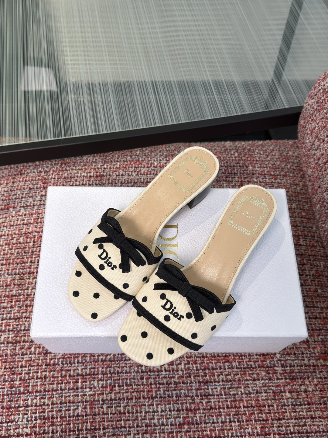 Dior Cream Black Polka Dot Bow Heel Mules