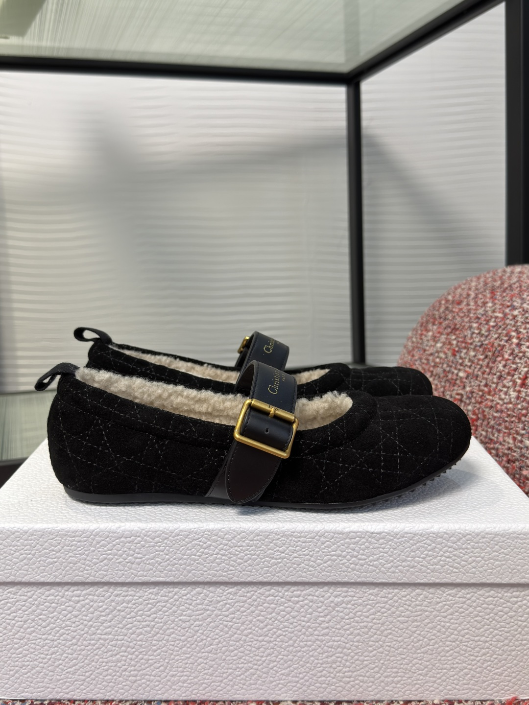 Dior Black Quilted Shearling Mary Jane Flats