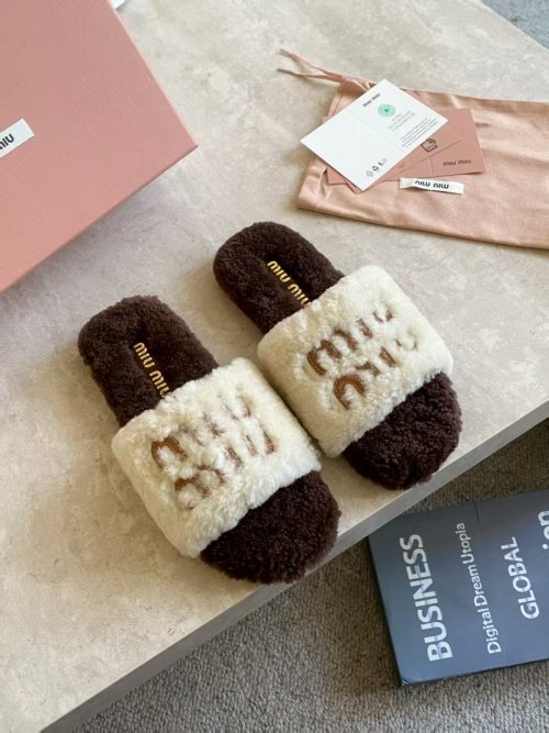 Miu Miu Fuzzy Shearling Slippers: Cozy Warm Open Toe Flat Sandals Women 1 Miu Miu Fuzzy Shearling Slippers: Cozy Warm Open Toe Flat Sandals Women