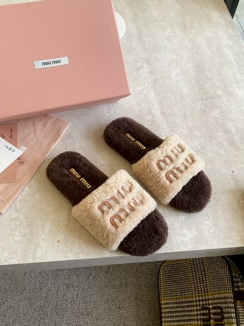 Miu Miu Women's Shearling Flat Slippers Fashion Open Toe Sandals Slides 1 Miu Miu Women's Shearling Flat Slippers Fashion Open Toe Sandals Slides