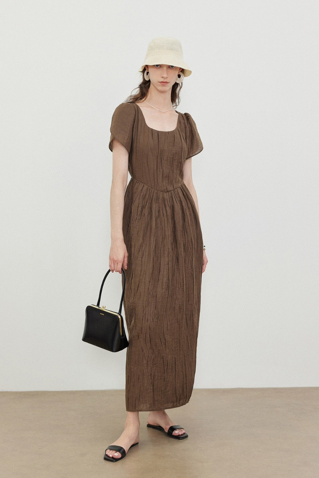 Elegant Brown Midi Dress with U-Neck and Tulip Sleeves - Slim Fit