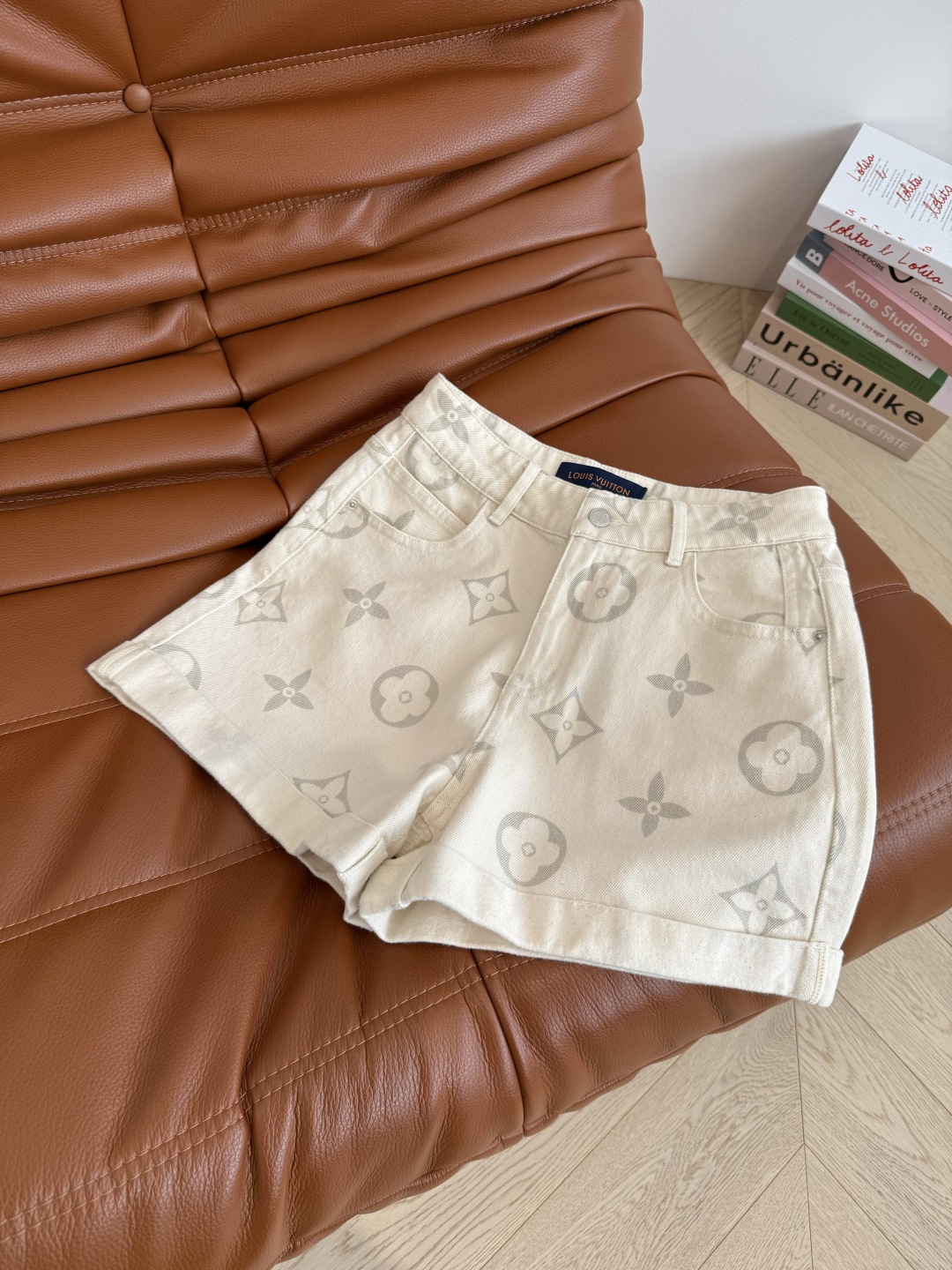 Classic Monogram Denim Shorts, High Waist Ruffle Hem, Summer Hot Pants 5 cmp i1746355701556 3122 0 3