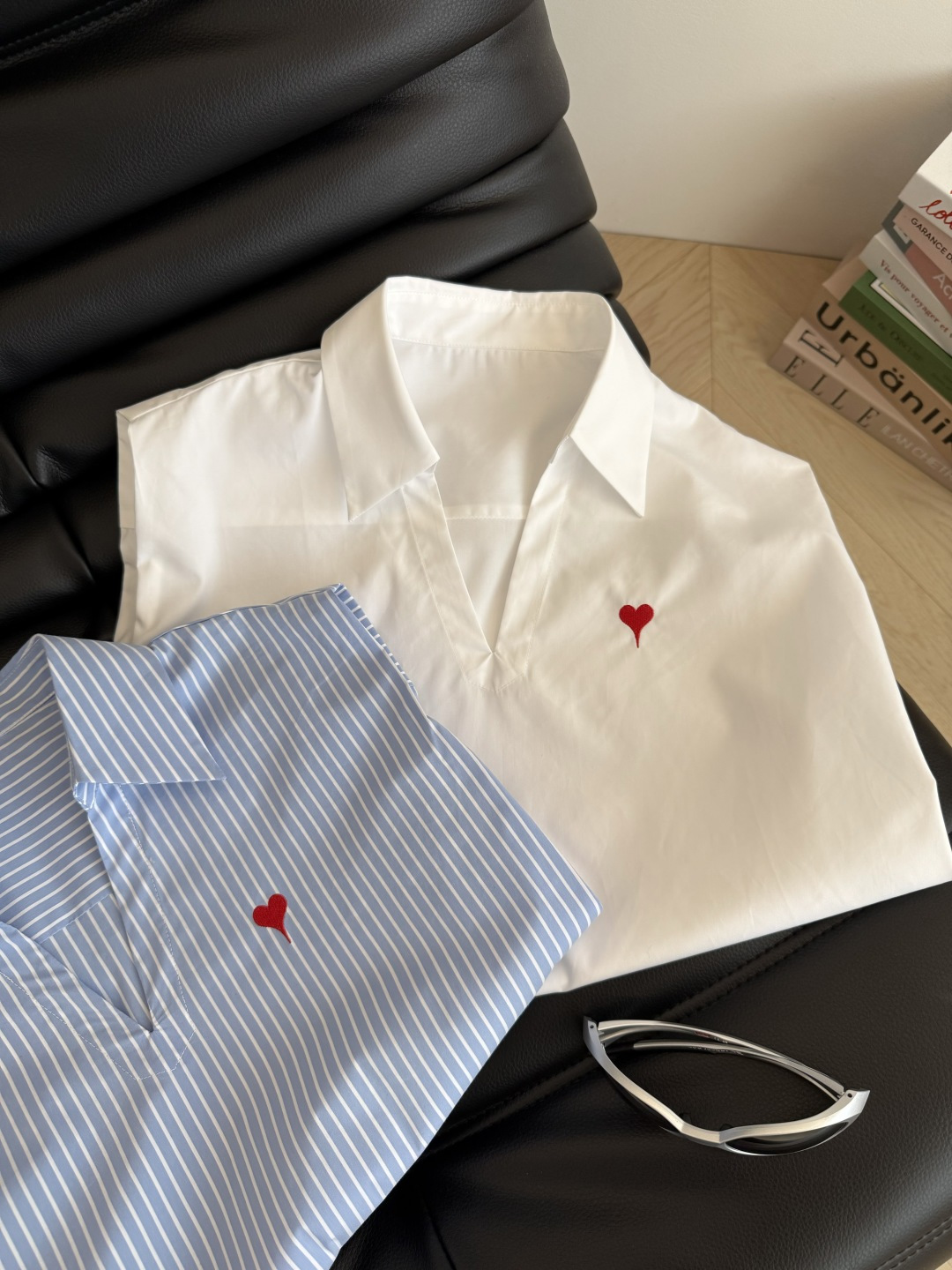 Stylish Red Peach Heart Embroidered Shoulder Shirt with Wide Shoulder Line - 图片 2