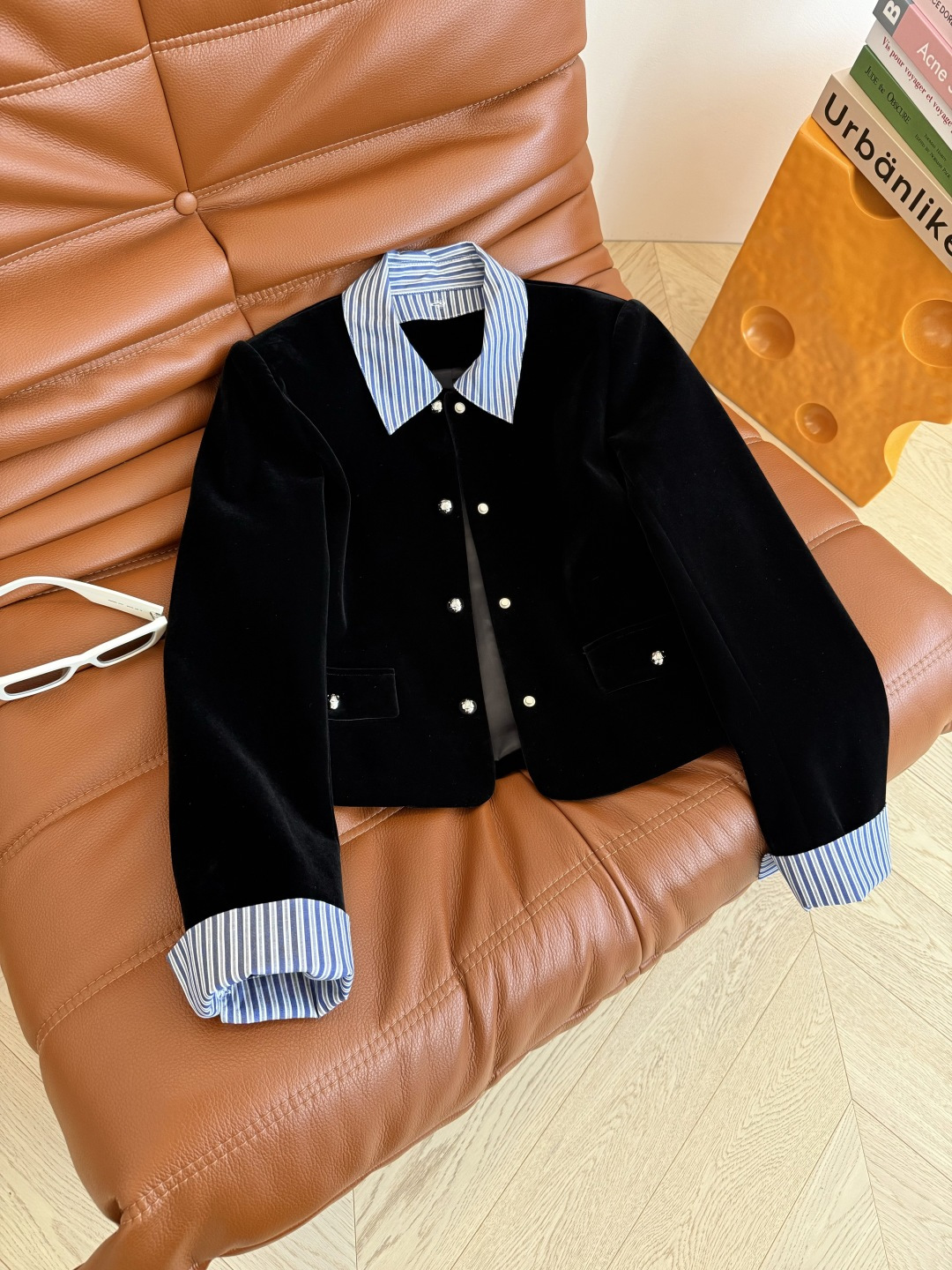 休闲又高级 25秋冬🆕条纹可拆卸设计丝绒外套 假两件时髦感 领子和袖口都可以拆卸 超万能的小丝绒外套 集