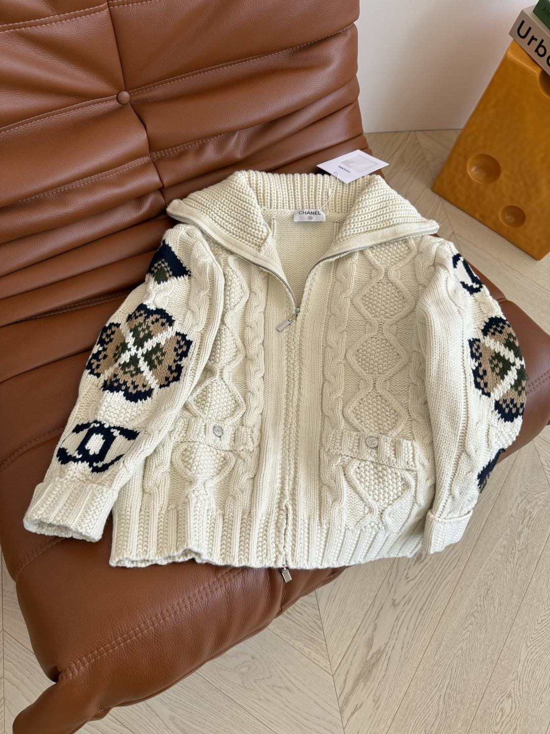 Chanel Women's Wool Knit Zip-Up Cardigan with Patterned Sleeves