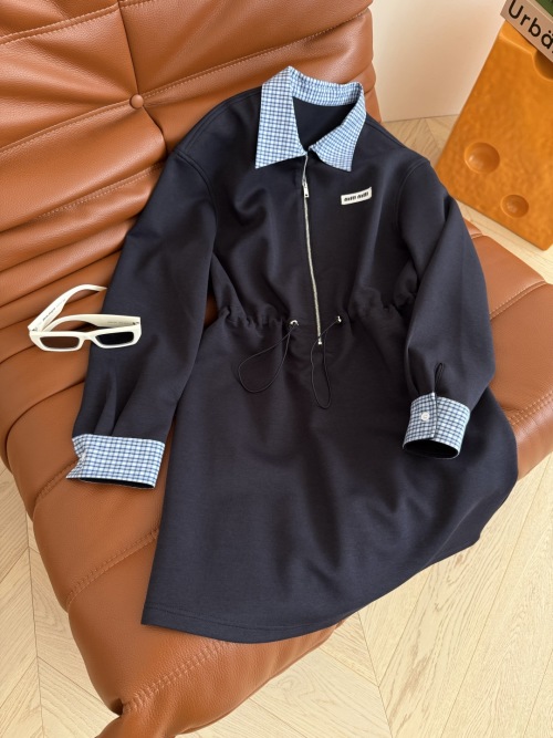 Miu Miu Color Block Collar Navy Dress with Waist Drawstring Design 1 Miu Miu Color Block Collar Navy Dress with Waist Drawstring Design