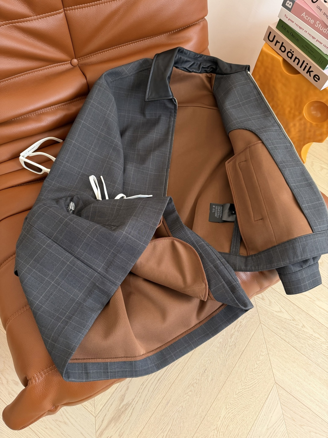 完美无死角的一套搭配 25秋冬 英伦复古格纹～真皮领子拉链夹克外套+松紧半裙 格雷灰很高级 低调又显质感