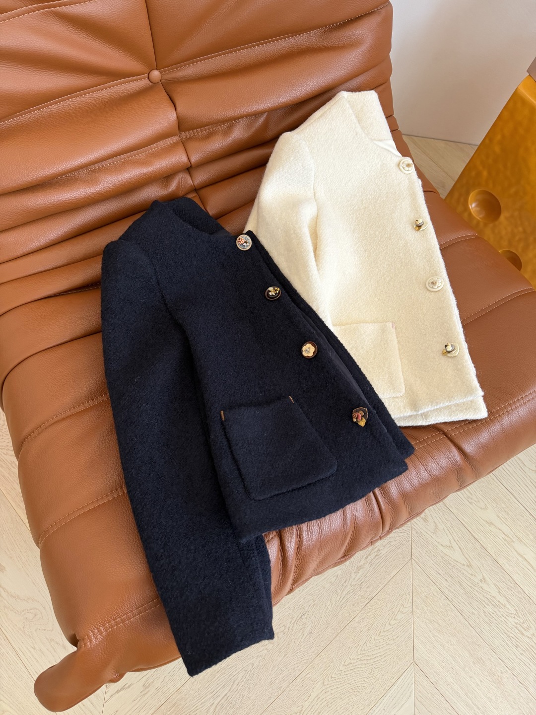 Elegant Women's Wool Blend Coat with Handmade Floral Button Accents