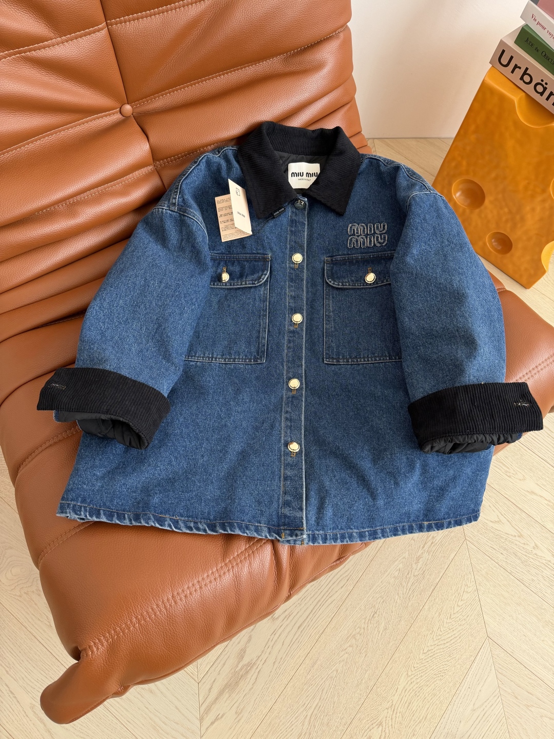 Denim Jacket with Corduroy Collar and Logo Details – Inspired by Stefanie Sun