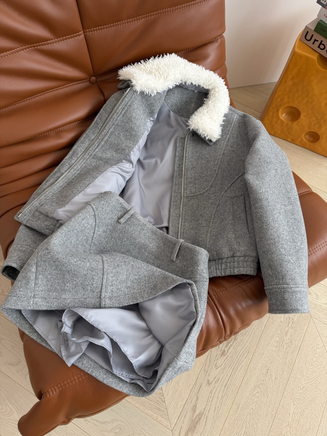 25秋冬 撞色可拆卸毛领装饰羊毛套装 冬季温暖和慵懒氛围感 很显气质的一套搭配 毛领夹克+高腰半裙 上身