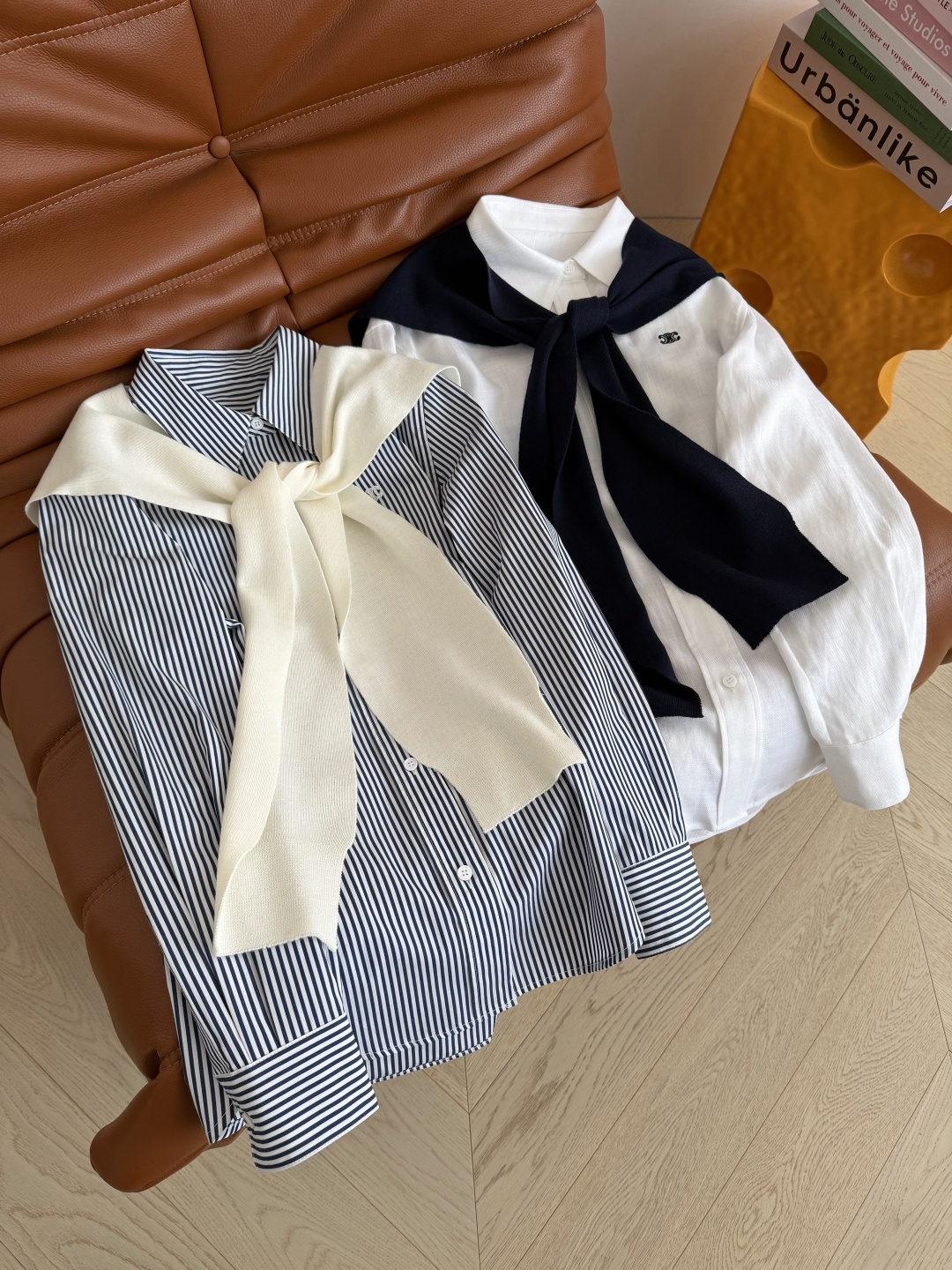 慵懒休闲 26ss 针织披肩装饰两件套衬衫 超好看的配色 实力穿出气质感 条纹和白色两色颜色 白色是亚麻